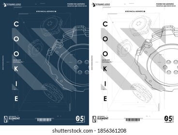 Technical style cookies. Design and development, testing, SEO, social marketing, web technology. Concept of Hud poster with UI UX elements.