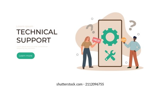 Technical suppert concept. Man and woman standing around phone. Landing page for web page