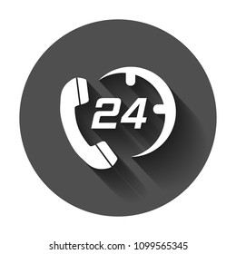 Technical support 24/7 vector icon in flat style. Phone clock help illustration with long shadow. Computer service support concept.