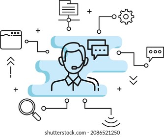 Ilustración de existencias del Agente de soporte técnico, Concepto de línea directa, diseño de iconos vectores del Centro de llamadas, computación en nube y servicios de alojamiento de Internet Símbolo, 