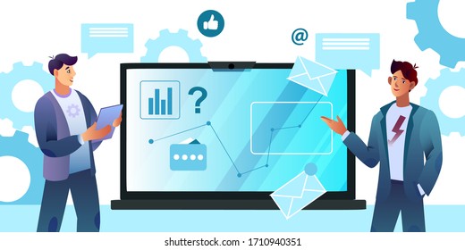 Technical support background with confident male assistant, client, laptop and social media icons. Online consultation concept in trendy blue colors for web pages, apps, advertisements.