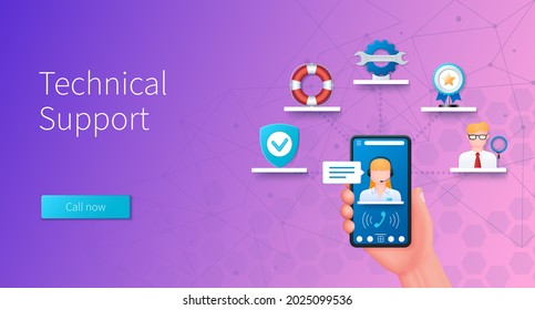 Technical support banner. Support, guarantee, service, quality icons. Web vector landing page template in 3D style