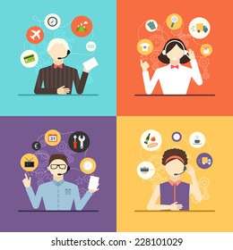 Technical support banners set assistant mans and woman with icons flat design vector illustration 