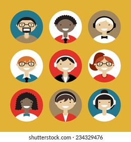 Technical support banners set assistant mans and woman with icons flat design vector illustration 