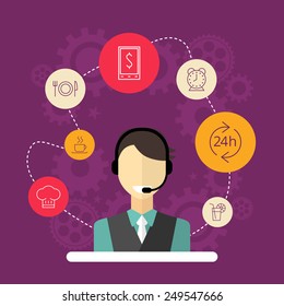 Technical support banners set assistant man with icons flat design vector illustration 