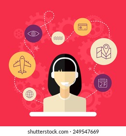 Technical Support Banners Set Assistant Woman With Icons Flat Design Vector Illustration 