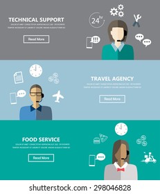 Technical support banners set assistant men and woman with icons flat design. Can be used for one page website, business data, web page design, cover page, brochure template. vector illustration