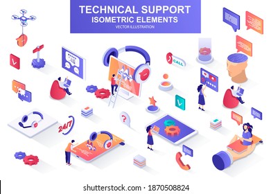 Technical support bundle of isometric elements. Chatbot, call center operator, headset, hotline consultant, online assistance isolated icons. Isometric vector illustration kit with people characters.