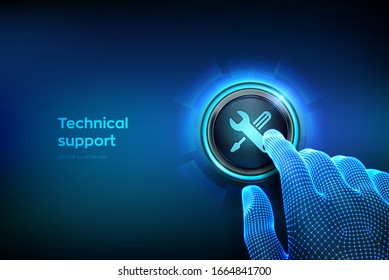 Technical support button. Closeup finger about to press a button. Customer help. Tech support. Customer service, Business and technology concept. Vector illustration.