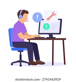 Technical Support Call, assisting clients via technical helpline, Flat vector character illustration