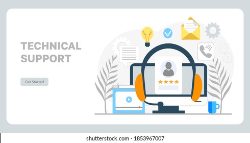 Soporte técnico o vector de concepto del centro de llamadas. Se muestran grandes audífonos y monitores. Servicio de línea directa en compañía. Ayuda en línea para clientes.