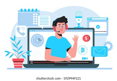 Technical support or call center concept vector. Hotline in company. 24 on 7 manager working. Online interview or remote class, distant tutorial, video blogger conducting stream. 