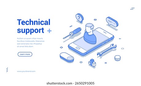 Suporte técnico call center consultoria móvel delineamento aplicativo isométrico web banner design modelo vetor ilustração. Operador de linha direta de assistência técnica ajuda bate-papo assistência comunicação página inicial