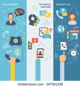 Technical support call center contact us flat vertical banner set isolated vector illustration