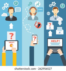 Technical support call center contact flat banner set vector illustration