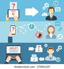 Technical support call center contact flat banner set vector illustration