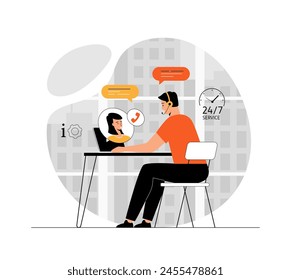 Technical support, call center. Customer service concept. Hotline operator consulting with customer on computer. Illustration with people scene in flat design for website and mobile development.