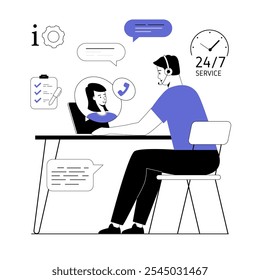 Technical support, call center. Customer service concept. Hotline operator consulting with customer on computer. Vector illustration with line people for web design.	
