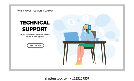 Technical Support Call Center Operator Vector. Technical Support Service Young Woman Dispatcher With Headset Gadget Help Customer Online. Character Professional Aid Web Flat Cartoon Illustration