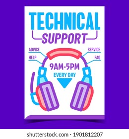 Vector de afiches del Centro de llamadas de asistencia técnica. Gadget De Auriculares Para Cartel De Publicidad De Los Trabajadores Del Servicio De Soporte. Información, Ayuda Y Faq Concepto De Ayuda En Línea Ilustración De Color De Estilo De Plantilla