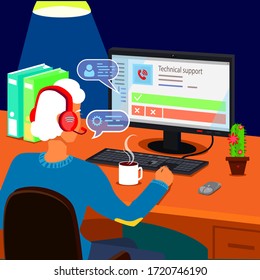  Technische Unterstützung. Rufen Sie den Chat an. Ihr persönlicher Assistent. Programmierer bei der Arbeit. Vektorgrafik. 