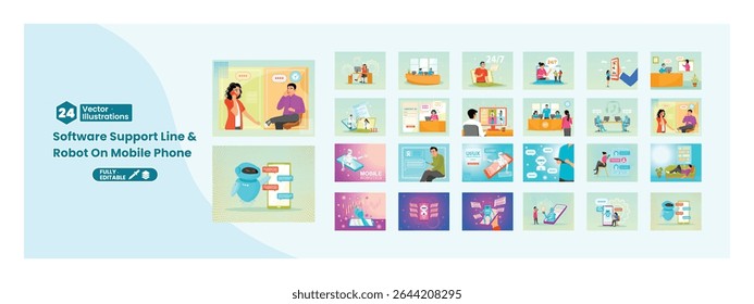Technical support, chatbot interaction, and mobile communication. People communicate using smartphones with chatbot technology. Mega set.