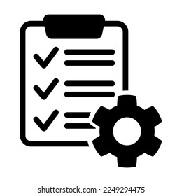 Technical support check list icon. Clipboard with gear isolated icon. Management flat icon concept. Software development.