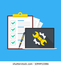 Technischer Support, IT-Support. Zwischenablage mit Checkliste, Stift und Laptop mit Schraubenschlüssel und Reparatursymbol auf dem Bildschirm. Modernes Konzept. Flaches Design. Vektorgrafik