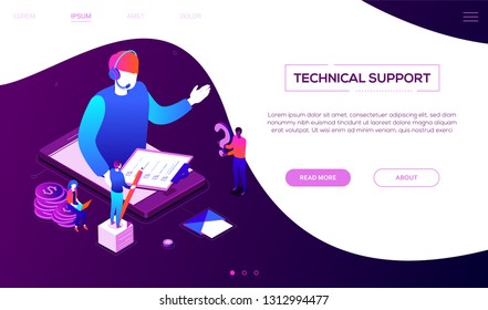Technical support - colorful isometric vector web banner on purple background with copy space for text. A header with a male call center operator in headset on smartphone screen holding check list