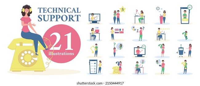 Technical IT support composition set with assistance symbols flat isolated vector illustration