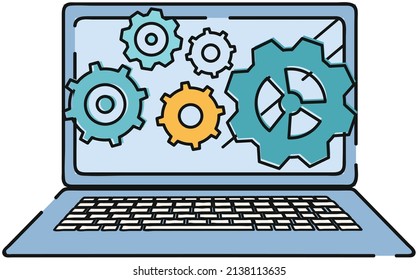 Technical support, computer service concept. Gears on screen of laptop. Program for working with software or maintenance of electronic equipment. Installation of settings, repair of technology