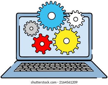 Technical support, computer service concept. Gear icons on screen software setup and repair. Program for working with device or maintenance of electronic equipment. Installation of technology settings