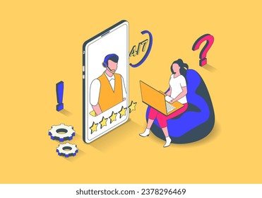 Technical support concept in 3d isometric design. Clients with questions calls to hotline for getting consultation and solving problems. Vector illustration with isometry people scene for web graphic