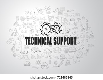 Technical Support concept with Business Doodle design style: online contacts, best faq and guidelines, ,top resources.