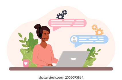 Technical support concept. The call center operator sits at his workplace with headphones on and answers users questions. A woman at a laptop. Cartoon flat vector illustration on a white background