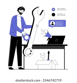 Conceito de suporte técnico. Clientes com dúvidas chamam a linha direta para obter consulta e resolver problemas. Ilustração vetorial com pessoas de linha para web design.	

