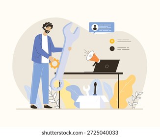 Concepto de Asistencia técnica. Clientes con preguntas llaman a la línea directa para obtener consultas y resolver problemas. Ilustración vectorial plana.	
