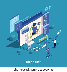 Technical support concept with computer monitor and customers communicating with female operator 3d isometric vector illustration