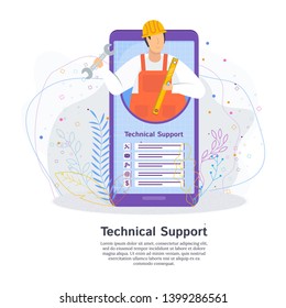 Technical support concept. Customer service. Man in a working helmet with tools in hand. People ask for help in solving technical problems. Flat cartoon illustration on white background.