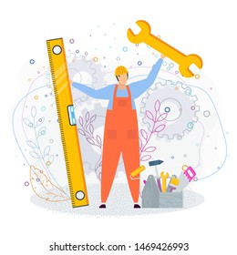 Technical support concept. Customer service. Man in a working helmet and overalls with huge tools in hand. He help in solving technical problems. Flat cartoon illustration on white background.