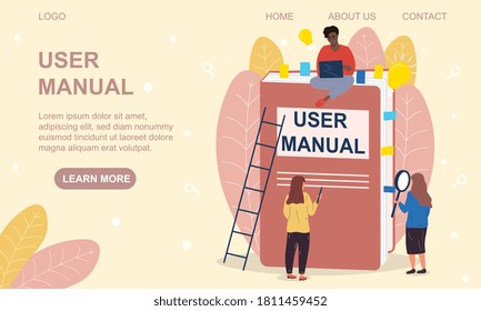 Technical support concept. Diverse multiracial characters studing the user s guide. Web page template. Vector illustration