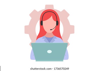 Technical support concept. Female with headphone and laptop provides technical assistance. Customer call center. Online assistant, virtual help. Flat vector illustration isolated on white background.