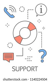 Technical support concept. Idea of customer service. Support clients and help them with problems. Line icon set with question, phone and speech bubble. Flat vector illustration