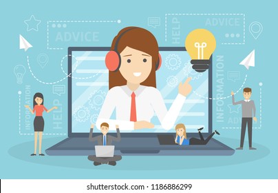 Technical support concept. Idea of customer service. Woman support clients and help them with problems. Providing customer with valuable information. Flat vector illustration
