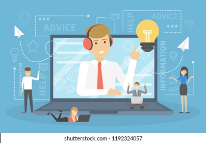 Technical support concept. Idea of customer service. Man support clients and help them with problems. Providing customer with valuable information. Flat vector illustration