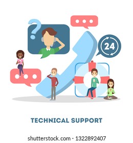 Technical support concept. Idea of customer service. Man support clients and help them with problems. Providing customer with valuable information. Flat vector illustration