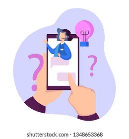 Technical support concept. Idea of customer service. Woman support clients and help them with problems. Providing customer with valuable information. Vector illustration in cartoon style