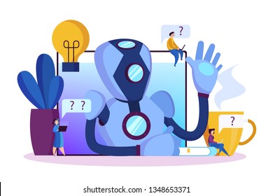Technical support concept. Idea of customer service. Chatbot support clients and help them with problems. Providing customer with valuable information. Vector illustration in cartoon style