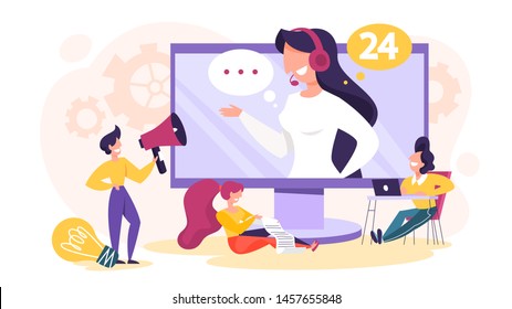 Technical support concept. Idea of customer service. Woman support clients and help them with problems. Providing customer with valuable information. Vector illustration in cartoon style