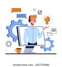 Technical support concept. Idea of customer service. Man support clients and help them with problems. Providing customer with valuable information. Vector illustration in cartoon style